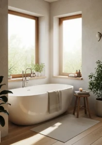 Freestanding tub in luxurious master bathroom