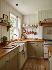 Beadboard backsplash in a cozy farmhouse kitchen