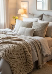 Layered pillows and blankets in cozy bedroom