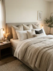 Euro pillows layered behind sleeping pillows on a cozy neutral bed