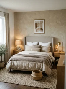 Warm neutral accent wall behind a cozy modern bed