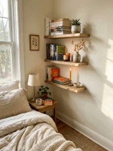 Floating corner shelves in a compact cozy bedroom