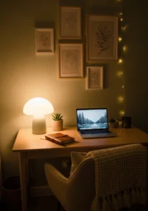 Cozy desk setup in cute bedroom