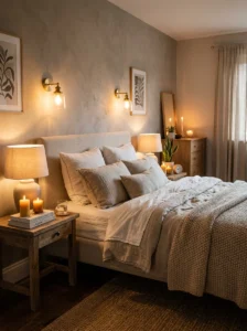 Layered lighting creating warmth in a cozy bedroom