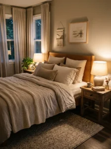 Warm bedside lighting creating a cozy bedroom atmosphere