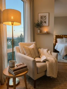 Floor lamp beside a cozy bedroom reading corner