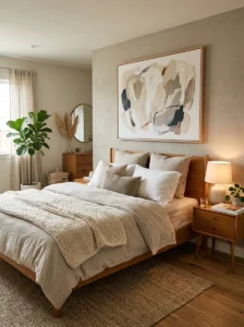 Oversized artwork creating a cozy bedroom accent wall