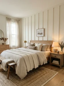 Board and batten accent wall behind a cozy bed