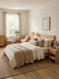 Warm neutral color palette in a cozy bedroom