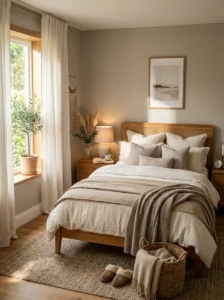 Soft neutral color palette in a luxury hotel-style bedroom