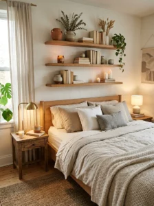 Vertical shelves above a cozy neutral bed