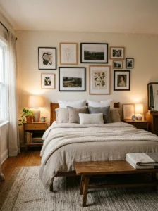 Gallery wall above a warm neutral bedroom bed