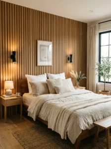 Vertical wood slat accent wall in a cozy modern bedroom