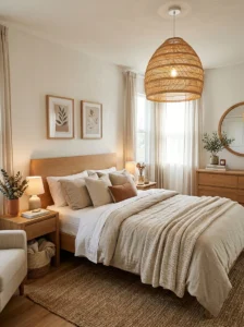Statement pendant light above a cozy modern bed