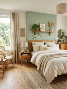 Sage green bedroom accent wall with layered neutral bedding