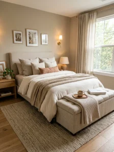 Storage bench at the foot of a cozy bedroom bed