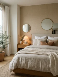 Peel-and-stick wallpaper accent wall in a cozy bedroom