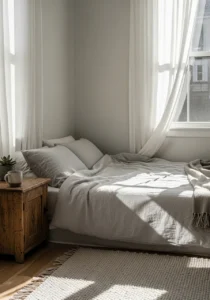 Open shelves styled with cute room decor