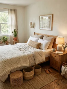 Woven baskets and layered textures in a cozy bedroom