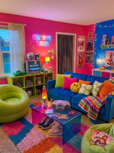 Bold colorful Y2K living room with playful retro-inspired decor