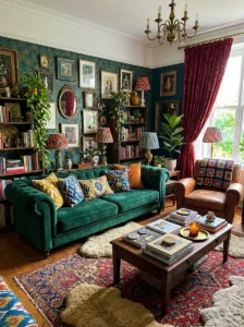 Layered lighting in cozy maximalist decor