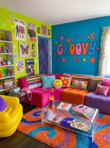Bold painted walls in a colorful Y2K-inspired living room