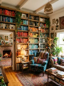 Books used as decor in maximalist room