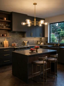 Warm metallic accents brightening a dark kitchen