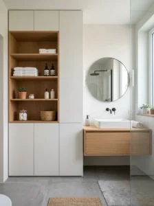 Built-in storage in a clean modern bathroom