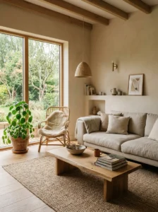 Calm clutter-free earthy living room with natural decor