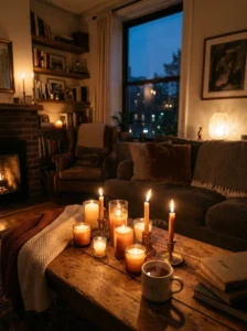 Candles creating a warm cozy living room atmosphere