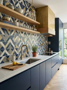 Ceramic patterned backsplash in a modern kitchen