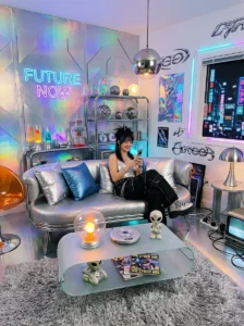 Chrome and metallic finishes in a Y2K-inspired living room