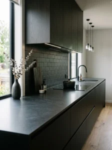Decluttered countertops in a dark modern kitchen