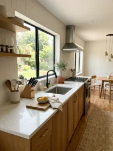 Clean kitchen countertops with minimal clutter and open workspace