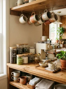 Dedicated coffee and tea cabinet organization setup