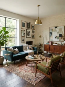 Mix of vintage and modern furniture in conversation room