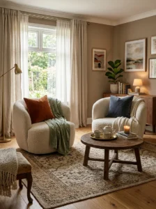 Textured fabrics adding warmth to conversation room