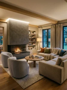 Fireplace serving as focal point in conversation room
