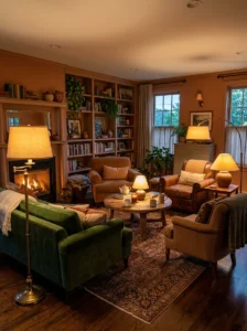 Layered warm lighting in cozy conversation room