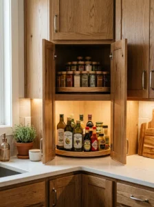 Lazy Susan organizer inside a kitchen corner cabinet