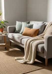 Chunky knit throw blanket on Scandinavian sofa