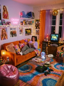 Cozy and playful Y2K living room with retro-inspired decor