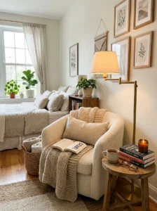 Cozy bedroom reading corner with warm lighting