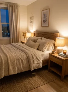 Warm bedside lamps creating cozy evening lighting in a bedroom