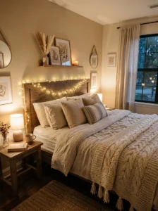 Fairy lights creating a cozy bedroom atmosphere