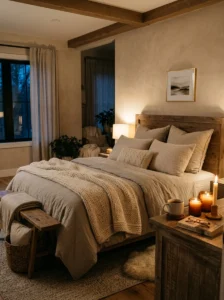 Candles creating warm ambient lighting in a cozy bedroom