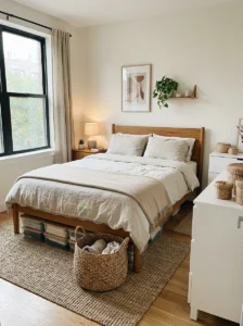 Under-bed storage bins in a cozy small bedroom