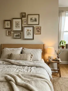Affordable art prints and vintage frames in a cozy bedroom