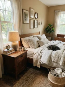 Thrifted wooden furniture in a cozy bedroom